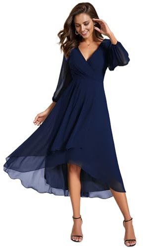 Ever-Pretty Cocktailkleid Damen Midi Abendkleider Elegant für Hochzeit Langarm Chiffon Abschlusskleid Navy Blau 40
