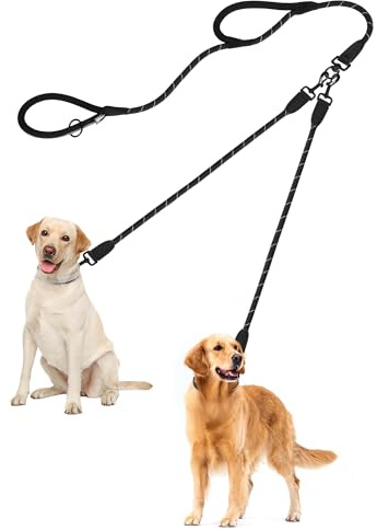 PetBonus Hundeleine Doppelleine für 2 Hunde, Keine Verheddern Spazierleine | Zwei Gepolsterten Griffen, Reflektierend, Nylon, koppelleine für 2, Doppel hundeleine für Große Mittlere Hunde, 1,2×195 cm