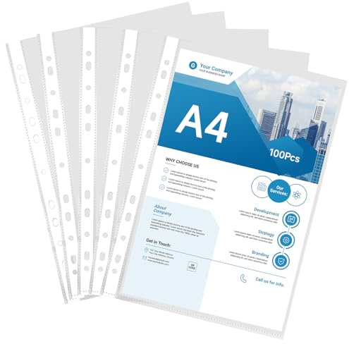 Fundas para folletos A4 transparentes, 100 unidades, extrafuertes, 160 µ, A4, transparentes, con apertura desde arriba, fundas para documentos de papel