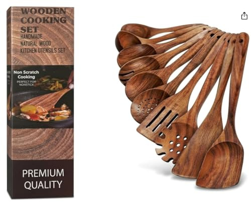 10-tlg. Kochlöffel Set Teakholz – Küchenutensilien & Pfannenwender Holz, Hitzebeständig & Antihaft, Nachhaltiges Kochbesteck Geschenk für Hobbyköche