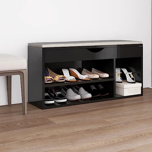 Panca Porta Scarpe Cuscino Nero Lucido 104x30x49cm Multistrato,Forniture domestiche,Immagazzinamento e organizzazione,Abbigliamento e sistemazione negli armadi,Scarpiere e organizer per scarpe-326757