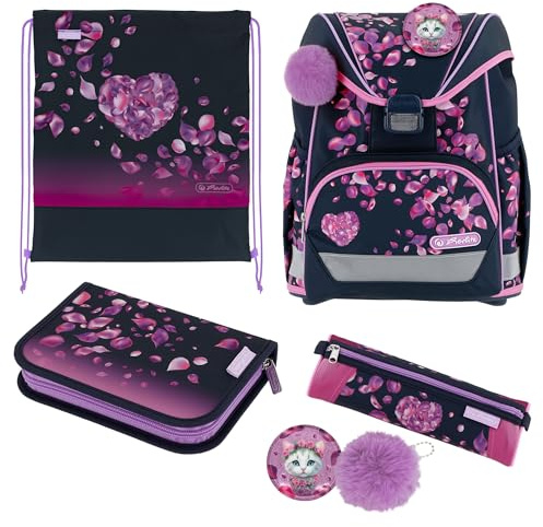 herlitz Schulranzen Set 6-teilig Ultralight Blossom Dance 1. Klasse | Schwarz Pink, 16l, Ergonomisch, Ultraleichte Schultasche, Katze