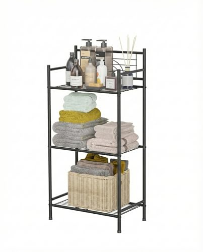 LEEDA 3-Tier Freestanding Bathroom Storage Shelf, Multipurpose Metal Tower Shelving Unit, Storage Shelves Organizer for Small Space,Plants Flowers, Kitchen, Office - Black