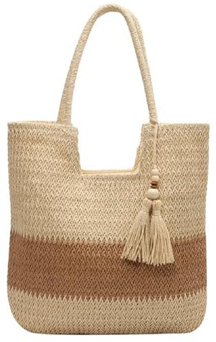 Joyhere Strohtasche Damen Groß Stroh Handtasche, Sommer Gewebte Stroh Umhängetasche Strandtasche Mit Reißverschluss, Boho Stil Tasche Shopper Schultertasche Für Urlaub Reisen Strand (Stil A)