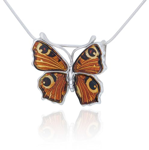 AMBEDORA silverhalsband fjäril påfågelöga P5A med bärnsten, 925 sterling silver hänge på en kedja