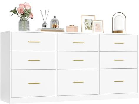 VASAGLE Custos Collection - Commode de Chambre, Armoire à Tiroirs pour Dressing, Style Moderne, Meuble TV pour Salon, 9 Tiroirs, 40 x 160,2 x 78 cm, Blanc Nuage LTS419WB01
