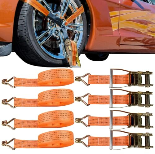Cinghie per Ruote - 4 Pezzi con Moschettoni Pesanti,Cinghie a Cricchetto - per Camion, Furgone, Auto, Moto, Bici, Kayak, Barca, Carico