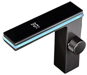 XANAYXWJ Gun Grey Digital Display Handfat Kran, Intelligent LED Temperatur Monitor Däcksmonterad blandare (matt svart)
