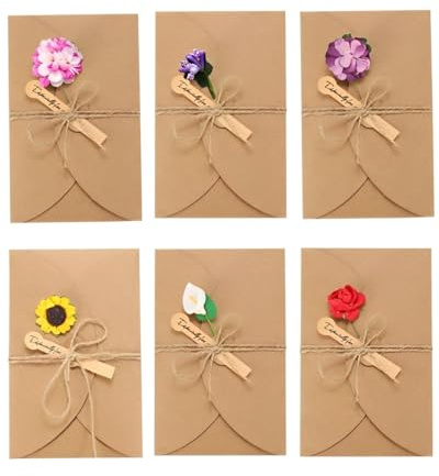 GONZTEL Set da 6 Biglietti Auguri con Fiori Secchi,Eleganti Carte Fatte a Mano per Compleanno, Matrimonio, Anniversario, Ringraziamento