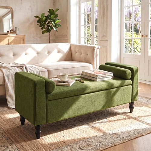 Hellove Sitzbank mit Stauraum 116 cm, Polsterbank Schlafzimmer mit Armlehnen & Nackenrollen, Bettbank mit Stauraum, Aufbewahrungsbank aus Chenille, Flurbank für Schlafzimmer, Wohnzimmer, Grün | Bettbank