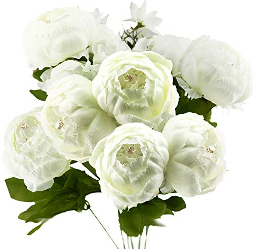 FiveSeasonStuff 1 Bouquet of White Peony Silk Artificial Flowers and Hydrangeas/Perfect for Wedding, Bridal, Party, Home, Office Décor