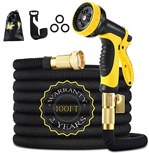 Garden Hose 100ft 30m HmiL-U Strongest Double Latex Inner Tube Prevent Leaking Magic Garden Hosepipe with 9Function Spray Gun+Solid Brass Fittings (Retracted Length 33ft)【2 YEAR 100%Guaranteed】(100ft)