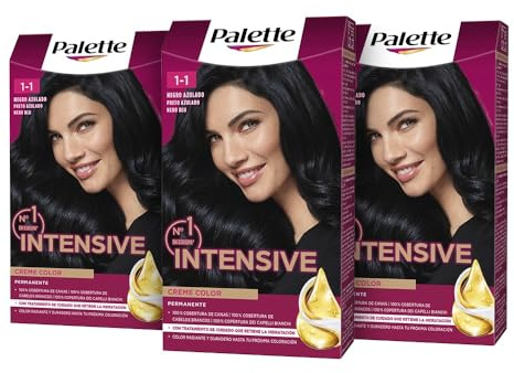 Palette Intensive Creme Color 1-1 Negro Azulado, tinte de pelo permanente que cubre el 100% de las canas y raíces, para un color vibrante y profundo, Pack 3