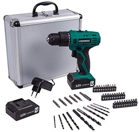 VONROC Batteridriven borrmaskin - 12V – Inkl. Robust aluminiumväska, 46 tillbehör, 2 batterier och laddare