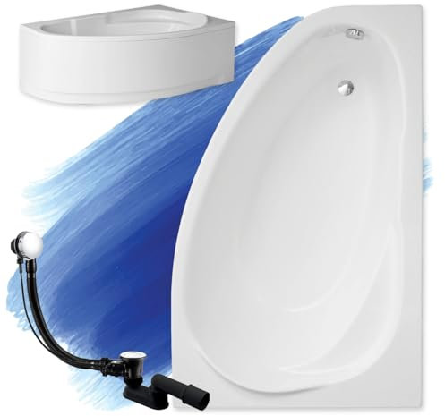 BADLAND Badewanne Original Weiß Acryl Wanne Eckbadewanne MAREA 160x100 Rechts KOMPLETTSET SET mit Weiß Acrylschürze + Füßen und Exklusive Chrom Automatik Ablaufgarnitur Made in EU 4in1