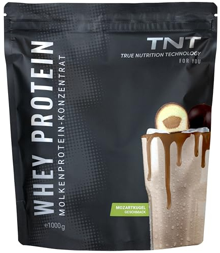 TNT Whey Protein Pulver - 1kg - Molkeprotein Konzentrat - Mozartkugel | Eiweiß Shake mit EAAs & BCAAs - Mit Laktase - Für Muskelaufbau & -erhalt - Post-Workout-Shake - 22g Eiweiß pro Portion