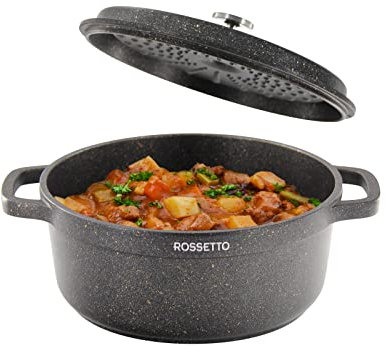 ROSSETTO 24cm Cocotte avec couvercle 4.5L, casserole ronde en aluminium, revêtement anti-adhésif, lavable au lave-vaisselle, convient à l'induction sur tous les types de cuisinières et de fours, Noir