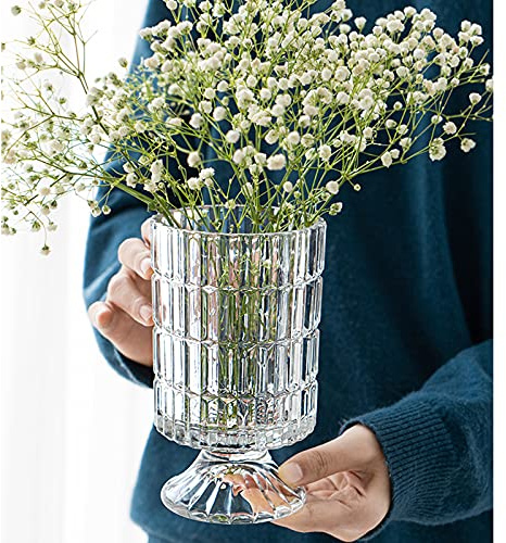 7 Inch Modern Glass Vase with Embossed Ribbed Base - Clear Hydroponic Design for Home Decor, Weddings Party Living Room, Dining Table Floral Arrangement Centerpiece