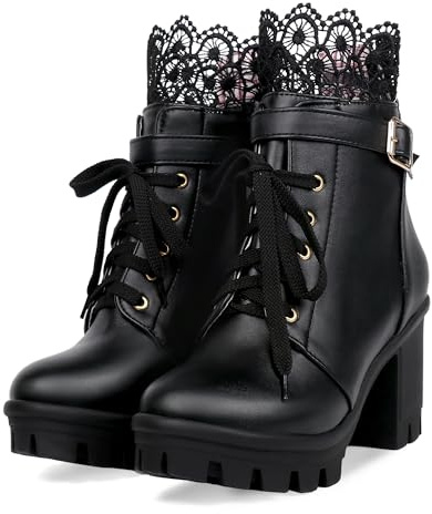 BEAUPAS Women's Chunky Platform High Heel Boots Lace Up Gothic Ankle Booties Block Heel Buckle Punk Goth Platform Boots Black Heeled Boots Shoes(Black,9)