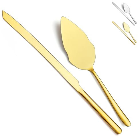 HOMQUEN Gold Hochzeitstorte Messer und Server Set, Edelstahl Kuchenschneidset für Hochzeit, Inklusive Kuchenschneider und Tortenheber für Hochzeit, Partys, Aktivitäten, Familie (Glänzendes Gold)