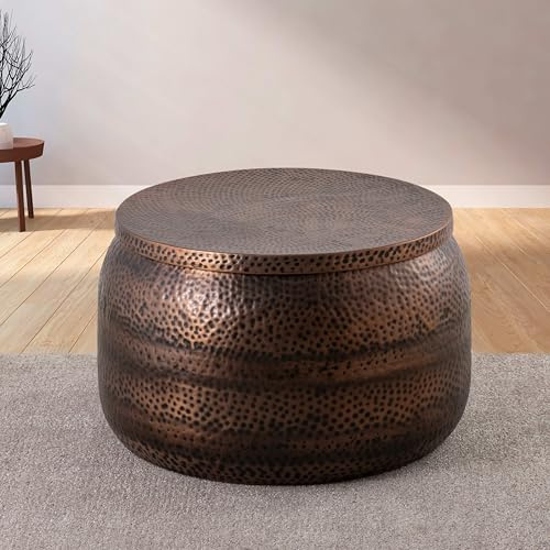 Albany Living Modern Round Aluminum Hammered Embossed Texturing, Metal Drum Coffee Table with Removable Lid for Storage,Fully Assembled, for the Living Room and Bedroom, Copper