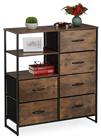 Relaxdays Sideboard in Stile Industriale, Credenza a 6 Cassetti, 3 Ripiani Aperti, HxLxP 92x84x32 cm, Marrone Scuro/Nero