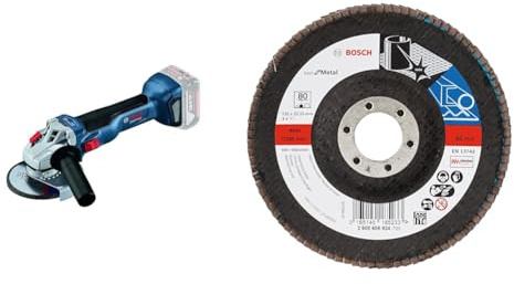Bosch Professional meuleuse angulaire GWS 18V-10 (diamètre de disque 125 mm, sans batterie ni chargeur, dans une boite carton) + Plateau à Lamelles X571, 80 Grain, 125mm