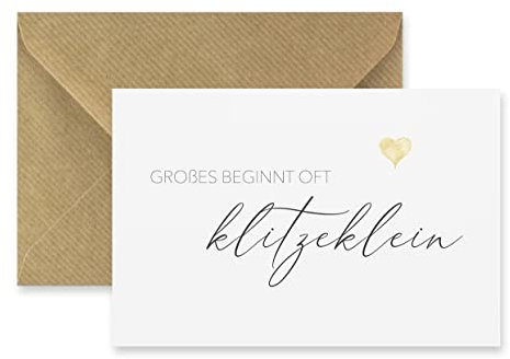 Merz Designkarten 1 Premium Grußkarte zur Geburt- 10,5x14,8cm - Klappkarte mit braunen Naturumschlag edles Designerpapier Baby Junge, Mädchen, Glückwunsch, Weiß Gold