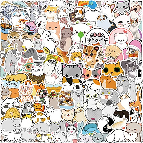 100 Pcs Cute Cat Stickers, Cartoon Animal Waterproof Vinyl Kawaii Stickers Decals for Laptop Water Bottle Cup Bike Luggage Skateboard, Kid and Teens