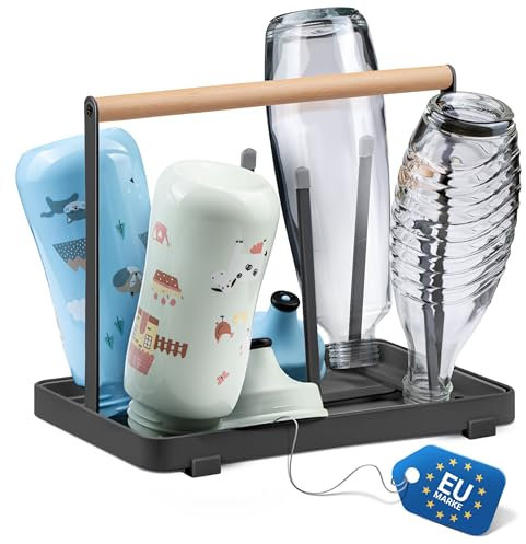 D&D Living All-in-One Flaschenhalter für SodaStream - Abtropfgestell für Flaschen Aller Art: Duo, Crystal, Easy, Trink- und Babyflaschen - Universal-Trockenständer (Metall, Schwarz)