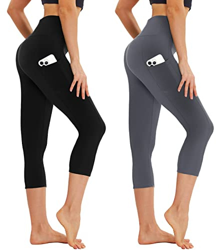 AMIYOYO Capri Leggings da donna con tasche, a 3/4, sportivi, a vita alta, opachi, elastici, 7/8, per yoga, fitness, corsa, attività all'aperto, confezione da 2, 48-54
