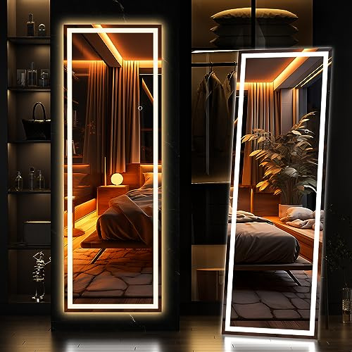 140x40cm LED Ganzkörperspiegel mit Beleuchtung, Standspiegel mit 3 Lichtfarben, Touch-Dimmfunktion, Stand und Wandmontage möglich, Wandspiegel mit Licht für Schlafzimmer, Garderobe & Wohnzimmer