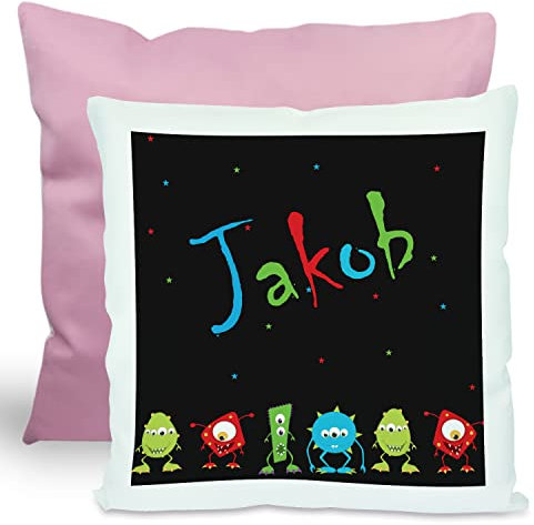 CreaDesign, Kinder Kissen 40x40 cm personalisiert mit Namen, Kinderzimmer Deko Kissen Kinder mit Füllung Federn, Motiv Monster Parade, Rückenfarbe Rosa