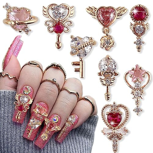 8 Stück 3D Herz Zepter Zirkon Glitzersteine Nail Charms,Luxus Stern Strasssteine Nail Art Charms Glänzend Herzen Sterne Magie Zauberstab Nagel Charms für Frauen Kristalle Diamonds Nail Charm Nail Art