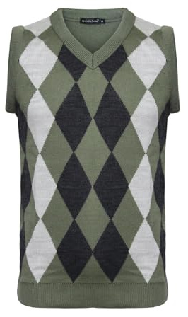 Men Knitted Vest Tank Top Jacquard Argyle Sleeveless Sweater Pullover Jumper V-Neck Slim Fit[Khaki-Cream,S ]