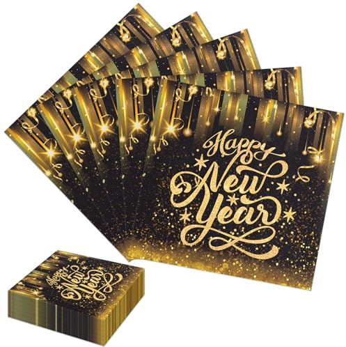 Lets Joy 100 Stück Happy New Year Servietten, 33 x 33 cm Neujahr Papierservietten, Servietten Schwarz Gold für Party, Silvester Tischdeko, Weihnachten Silvester Party Dekoration 2026
