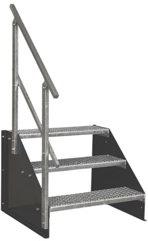 SRM Design 3 Stufen Standtreppe Stahltreppe Wangentreppe Gitterrosttreppe Außentreppe Industrietreppe freistehend Breite 110cm Höhe 63cm anthrazit einseitiges Geländer