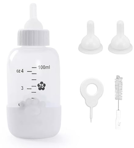 Kit de Biberón de Silicona para Mascotas, Biberón de Leche de Grado Alimentaria para Perritos y Gatitos Recién Nacidos, Incluye 2 tetinas de repuesto y 1 Cepillo de Limpieza, 100ml, Blanco
