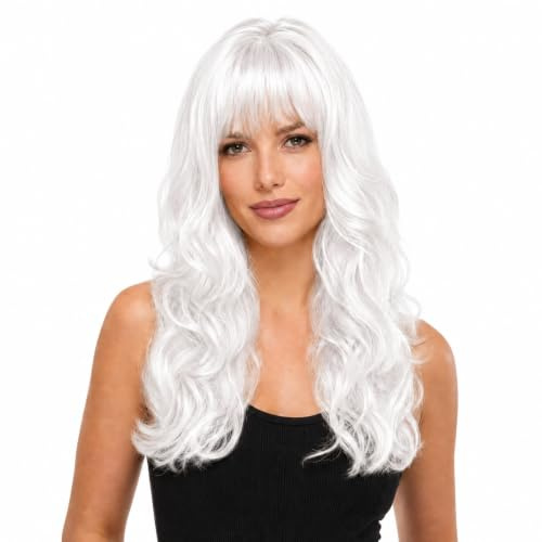 Hatstar Sexy Damen Langhaar Perücke | Frauen Wig lockig - gewellt | Accessoire für Fasching, Karneval und Motto Party (weiss)