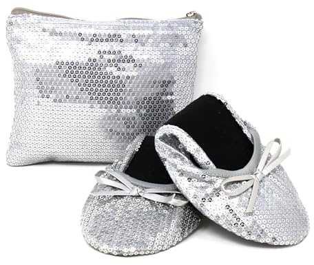 Silky Toes Women's Foldable Sequin Shoes Dressy Ballet Flats Roll Up Slipper Shoe with Matching Carrying Pouch, Silver Sequins New-Medium