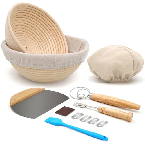 Unihopper Bread Proofing Basket Set of 2，8inch & 9 inch round, ratten basket bowls with bread making tools supplies for sour dough baking fermentation,basket gift kits., 8&9inchRoundBacket-FBA