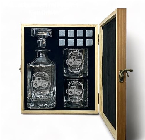 Whisky Set mit Gravur Traktor personalisiert Karaffe 700 ml und Gläser verschiedene Motive Landwirt Bauer Trecker Geschenkbox (Motiv 4: Klassisch, Nur Karaffe)