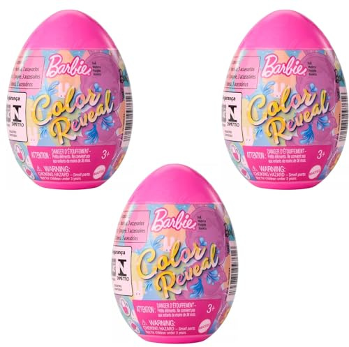 Barbie Color Reveal Easter Egg HJX67 Series Colored Egg Surprises Pack of 3 Random Colored Eggs, Small