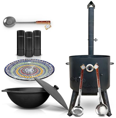 Utschak Feuerofen mit Thermometer Schornsteinverlängerung, Gusseisen Topf runder Boden mit Deckel (22 L) Schaumlöffel, Lagan KazanoFF, Учаг, Kazan (Set 4)