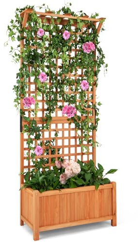 HOMASIS Cama de Jardín Elevada con Enrejado y Techo, Jardinera de Madera Alta y Independiente con Agujeros de Jrenaje, Trepadora para pPantas de Celosía para Terraza, Patio (Natural, 75x33x181cm)