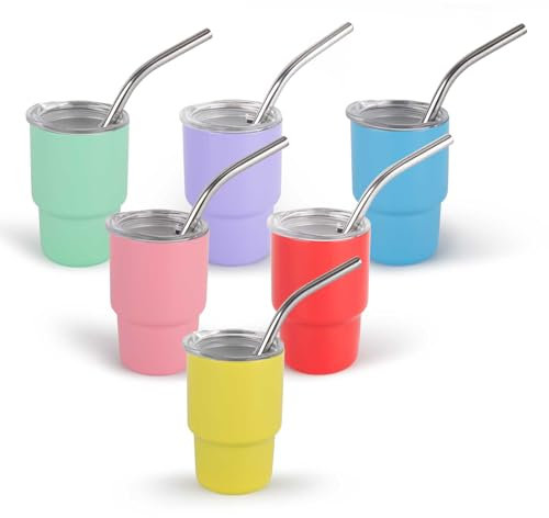 LEIMO KPARTS Mini vaso de chupito de 3 onzas con popote y tapa, 6 vasos de sublimación de acero inoxidable de colores, bonitos vasos de doble pared aislados al vacío, mini vaso de chupito con tapa y