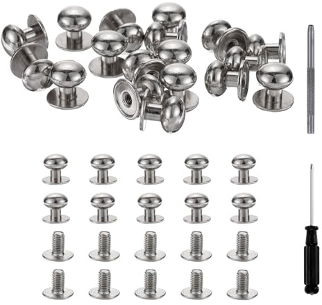 sourcing map Tornillos de cabeza redonda de 10 mm, remaches de aleación de cuero con destornillador hueco para reparar y decorar tela, ropa, zapatos, bolsas, bricolaje, color blanco plateado