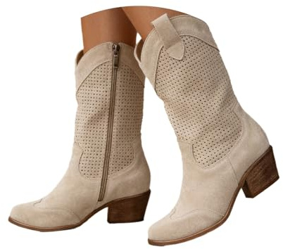 Tinbarry Bottes de Cowboy Pour Femmes en Daim - Demi-Bottes Occidentales Pointues à Talons Bas - Perforé Mi-Longues