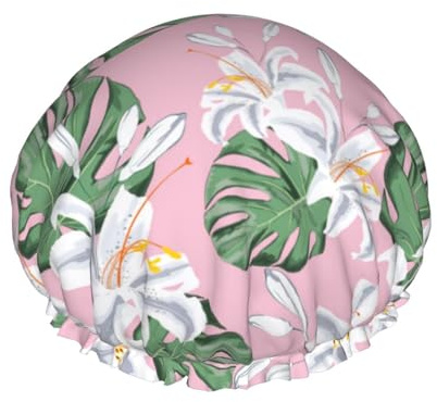 Hair Cap for Shower - Green Leaves Lilies Flowers Double Layer Shower Cap Reusable Waterproof, Large Shower Cap for Women, Hair Cap for Shower with Peva Lining and Elastic Rope