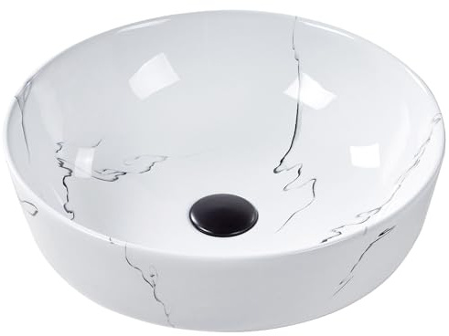 Lavabo en Céramique 42 cm Effet Marbre Comptoir Evier Rond Salle de Bain Blanc Hopi